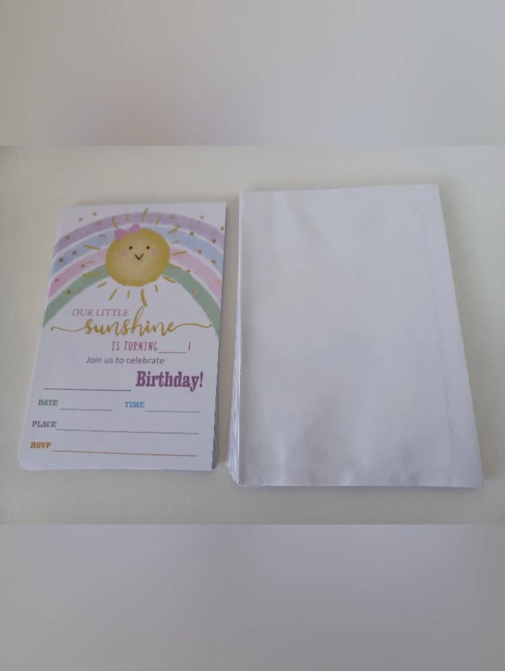 Nine Birthday Party Invitations Sun Rainbow With Thirteen White Envelopes Invite